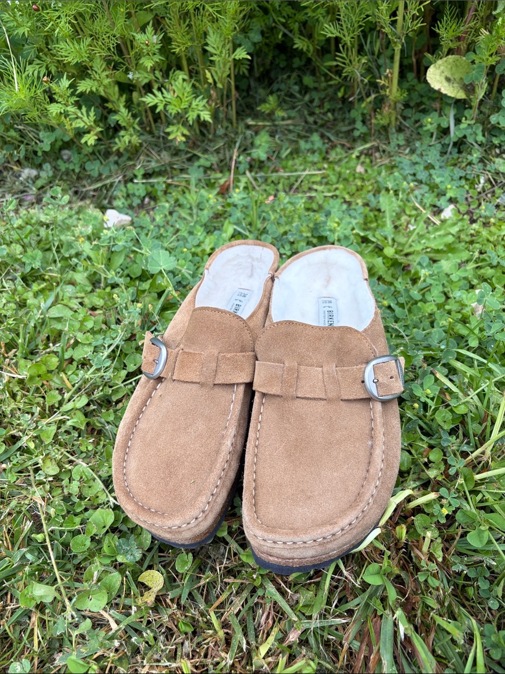Birkenstock Suede Loafers in Tan with Buckle Detail